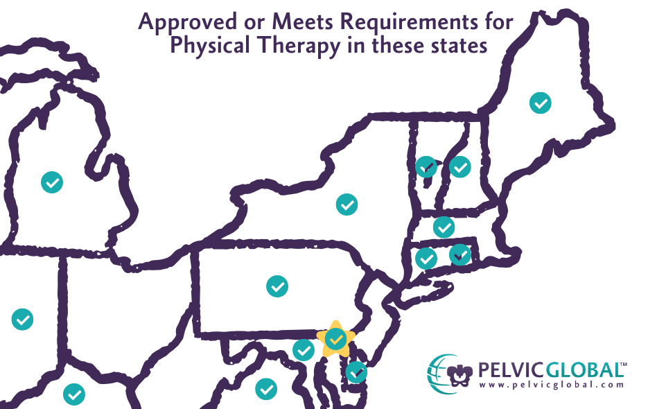 Map of PT CEUs Northeast zoomed in. "Approved or Meets Requirements for Physical Therapy in these states". States listed per data on this page. Pelvic Global logo bottom right corner. 