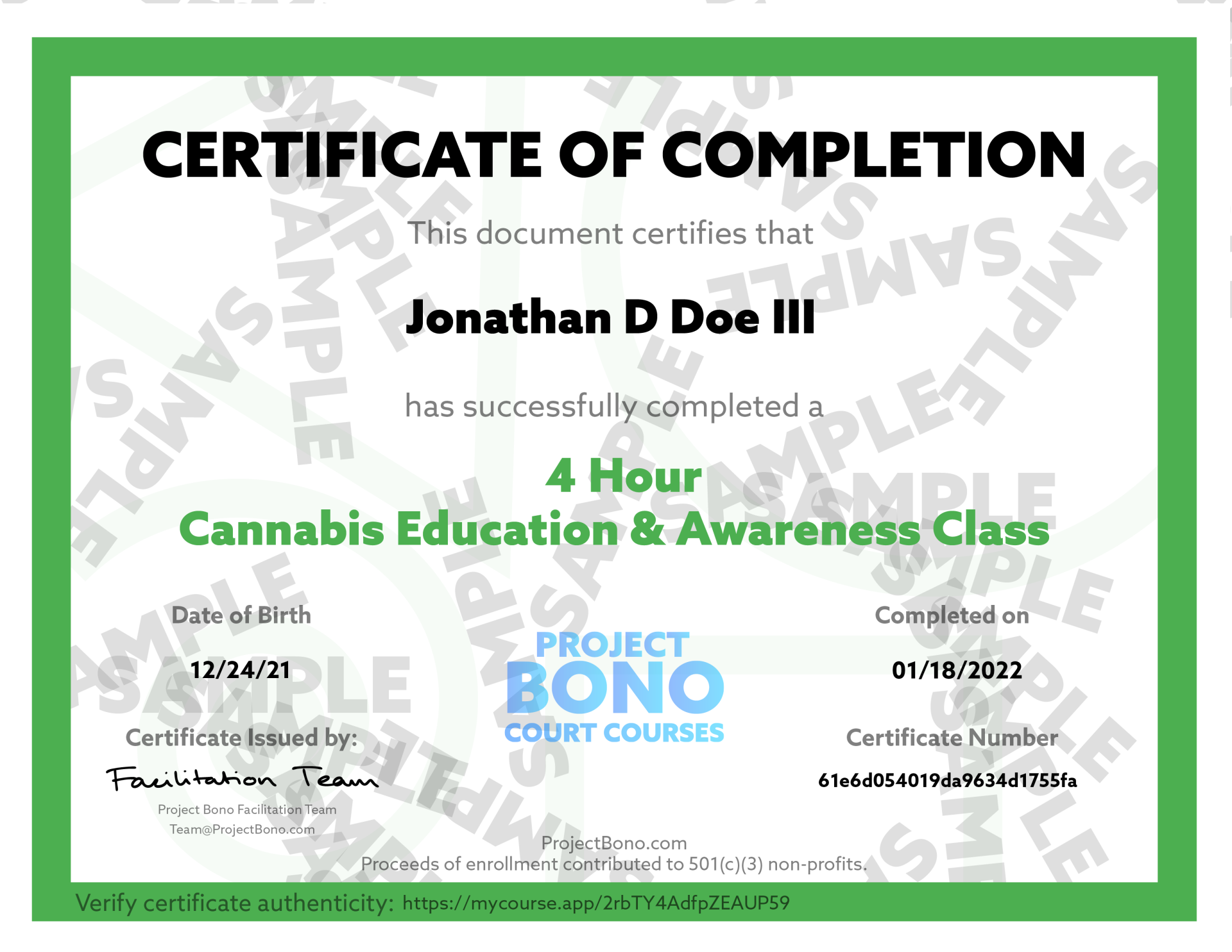 Sample Certificate of Completion for Project Bono court-ordered cannabis course