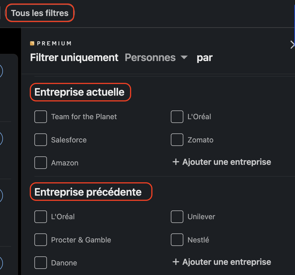 Capture d’écran d’une interface de recherche LinkedIn montrant des options de filtres avancés. La section “Tous les filtres” est ouverte, avec des catégories “Entreprise actuelle” et “Entreprise précédente”. Des cases à cocher permettent de sélectionner les entreprises pour affiner les résultats de recherche