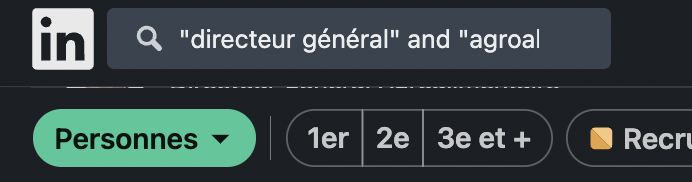 Capture d’écran d’une recherche LinkedIn montrant la requête “directeur général” and “agroalimentaire” dans la barre de recherche. La section des résultats de recherche est filtrée pour les “Personnes”