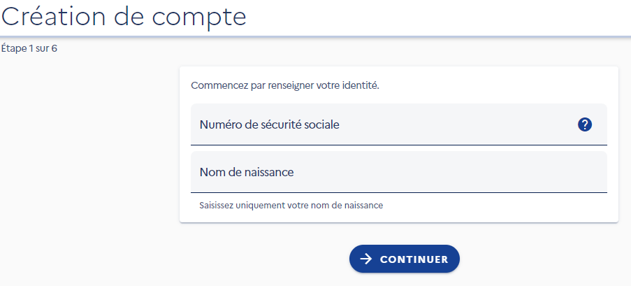 Capture de l'écran de création de compte demandant le numéro de sécurité sociale et le nom de naissance