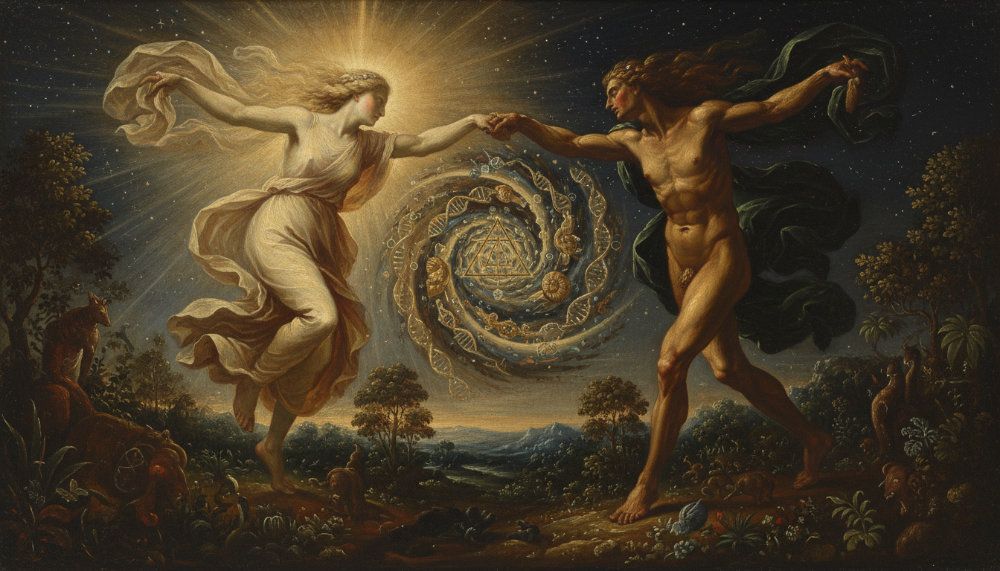 An allegorical 17th-century style oil painting titled "The Dance of Evolution and Involution." Two personified figures are locked in a circular, rhythmic dance against a backdrop that transitions from a starry cosmic void to a lush primordial forest. On the left, a luminous, translucent figure representing the Soul (Involution) descends from a golden celestial light. On the right, a grounded, muscular figure representing the World (Evolution) rises from the earth. Their clasped hands create a central vortex of energy where complex forms, including DNA helices and nautilus shells, emerge as novel outcomes. The work features dramatic chiaroscuro, deep umber shadows, and a rich, museum-quality painterly texture.