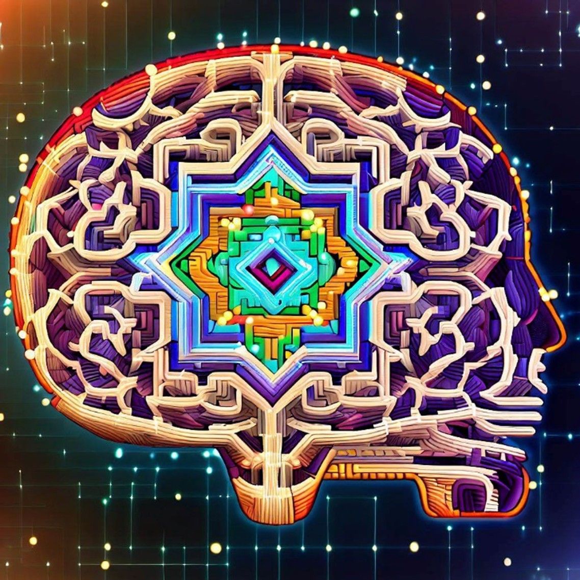 artistic cross section of human head showing labyrinthine chambers within surrounding an octagonal sacred geometry