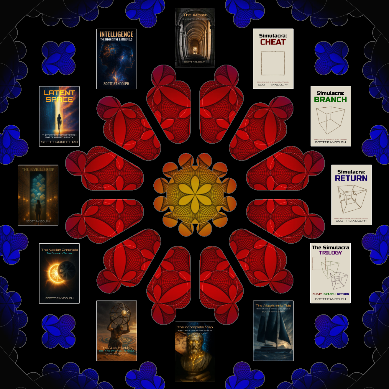 The Window — twelve book covers arranged around a central sacred-geometry mandala