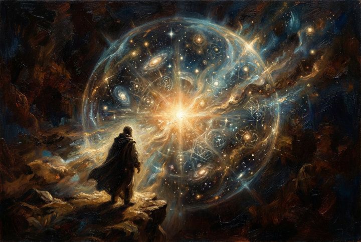 An Old Master style oil painting depicting a silhouette figure standing before a vast, dark void. From the center of the darkness, a blinding singularity explodes into a translucent, swirling hypersphere filled with galaxies, stars, and geometric patterns. The light from this 'Big Bang of experience' permeates the figure, visually dissolving the boundary between the observer and the cosmos, symbolizing the realization of non-dual consciousness.