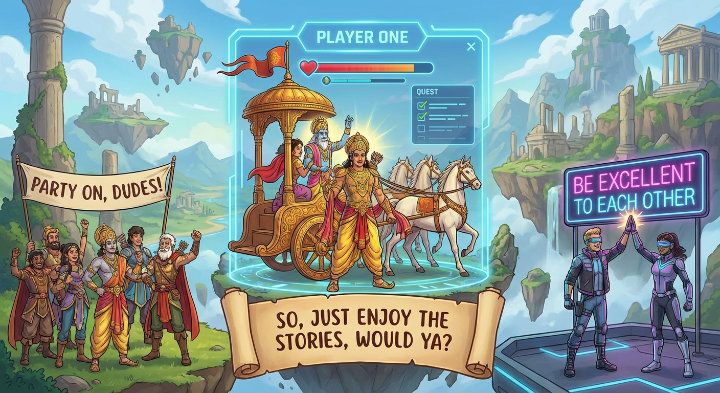 Arjuna in his chariot inside a video game acting as player one flanked by people with signs saying "part on, dudes!" and "Be excellent to each other"