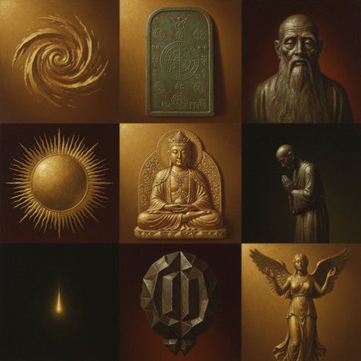 A 16:9 Old Master oil painting featuring nine symbolic icons of divinity arranged in three groups of three against a dark, atmospheric background. The icons are rendered as three-dimensional, burnished gold and bronze relief sculptures with a rich, aged patina. The first group shows the Egyptian Trinity: Osiris with a crook and flail, Isis with a throne headdress, and a falcon-headed Horus. The second group shows the Hindu Trimurti: a four-faced Brahma, Vishnu with a discus, and Shiva with a trident. The third group shows the Christian Trinity: an "Ancient of Days" figure, a symbolic Lamb, and a descending dove. Dramatic chiaroscuro lighting highlights the metallic textures against a deep umber void.