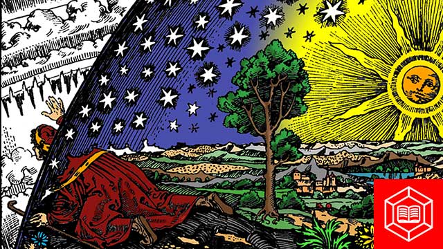 detail from the cover of Taking Measure, a colorized version of the flammarion woodcut