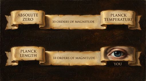the full temperature gamut from abs zero to planck temp spans 33 orders of magnitude. The full gamut of size from the planck length to the size of your iris spans 33 orders of magnitude
