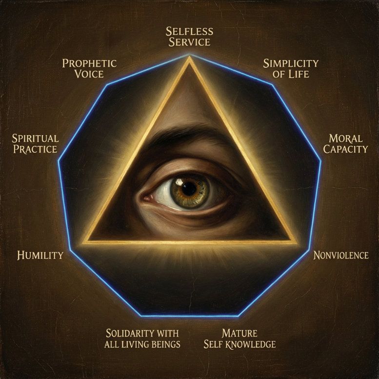 nine sided geometry with all seeing eye inside labeled vertices with Actualized Moral Capacity (The foundation) Solidarity with All Living Beings (The widening circle) Deep Nonviolence (The refusal to harm the web) Humility of Heart (The removal of the ego-blockage) Spiritual Practice (The daily cleaning of the lens) Mature Self-Knowledge (The clarity of the observer) Simplicity of Life (The focus on the essential) Selfless Service (The light becoming heat/action) Prophetic Voice (The courage to speak the truth)