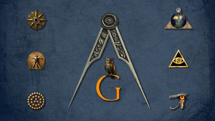 A central pair of ornate silver drafting compasses open over a large orange letter G, with a golden owl perched on the letter. The background is a dark blue vintage nautical map. Surrounding the central compass are six esoteric icons: a golden compass rose, the Vitruvian Man, a golden seed of life, a pyramid with a globe, a golden eye of providence, and the Eye of Horus.