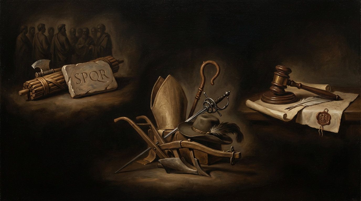 A 16:9 Old Master oil painting in the style of Rembrandt, depicting nine symbolic objects of governance in three distinct clusters on a dark, moody background with no metallic effects. The first cluster represents Ancient Rome with a bundle of wooden fasces, a stone tablet engraved "SPQR," and a shadowy silhouette of a crowd. The second cluster represents the Three Estates with a fabric miter and shepherd's crook, a steel sword and plumed hat, and a weathered wooden plow. The third cluster represents the US Trias Politica with a heavy wooden gavel, a quill on a parchment scroll, and a wax-sealed document with a presidential eagle. The lighting is warm and directional, emphasizing textures of wood, stone, and paper.