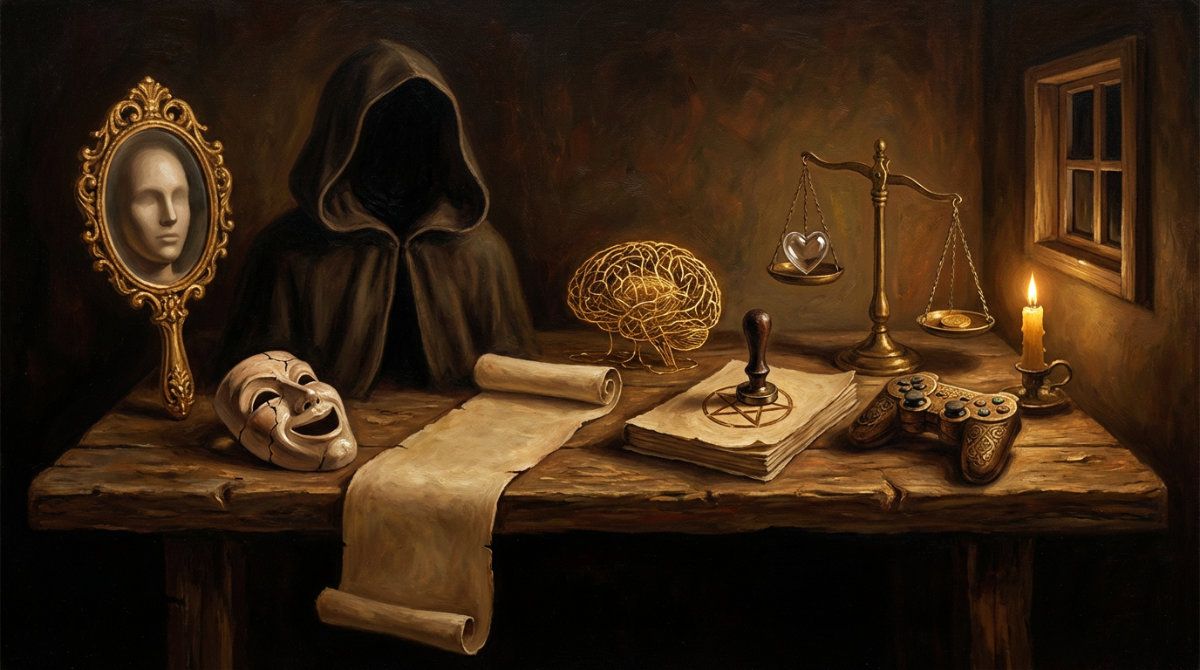 A 16:9 Old Master style oil painting depicting nine symbols of the digital age in three clusters against a deep, shadowy background. The first cluster, "The Digital Persona," features an ornate hand-mirror reflecting a blank face, a ceramic theatrical mask, and a hollow, upright hooded cloak. The second cluster, "Algorithmic Governance," shows a never-ending parchment scroll falling into darkness, a glowing geometric brain made of golden wires, and an iron seal stamping a star onto a document. The third cluster, "Virtual Escapism," includes a bronze-relic game controller, a glass heart being weighed against a gold coin on a scale, and a single flickering candle by a small window frame. The style is painterly with dramatic, warm highlights and thick impasto textures.