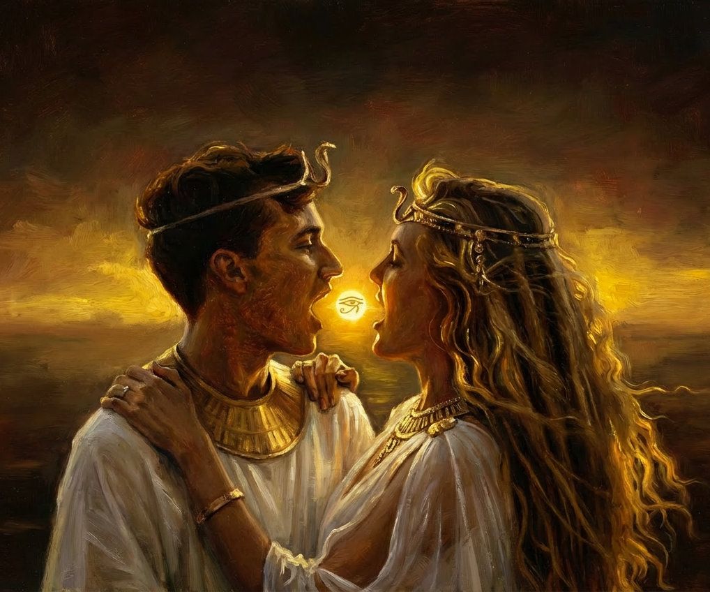 An Old Master style oil painting depicting the Egyptian deities Osiris and Isis in a mythic 'Sun Play.' They are in a high-torsion embrace, their faces transformed into noble, ancient Egyptian archetypes. Osiris wears the Atef crown and Isis wears a royal vulture headdress. Their mouths are wide open in a ritualistic shout, perfectly framing a radiant solar disk containing the Eye of Horus. The scene is set against a primordial Nile sunset with dramatic chiaroscuro lighting.