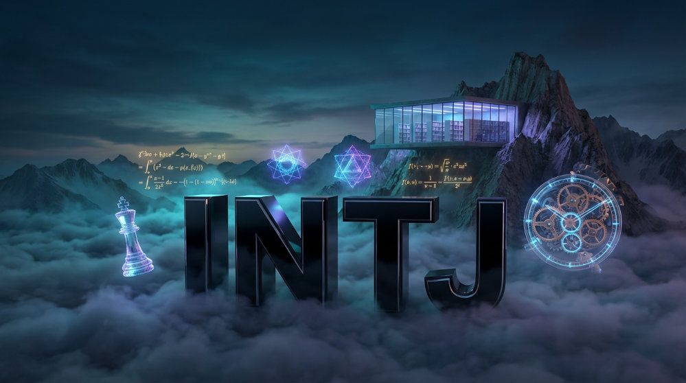 A cinematic and intellectual landscape visualization of the INTJ personality. Centered in the frame, the letters 'INTJ' are rendered in bold, architectural 3D all-caps lettering crafted from sleek, polished obsidian. Surrounding the text are floating, translucent holographic symbols including golden mathematical equations, pulsating geometric fractals, a glowing crystalline chess piece, and an intricate clockwork mechanism. The background features a vast, serene mountain range with a futuristic library embedded into a peak overlooking a sea of clouds at twilight. The lighting is cool-toned with deep blues and sharp neon accents, creating an atmosphere of focused intelligence and strategic depth.