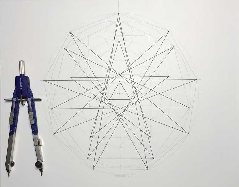 photo of a sacred geometry drawing on paper with a compass for scale - drawing by Scott Onstott