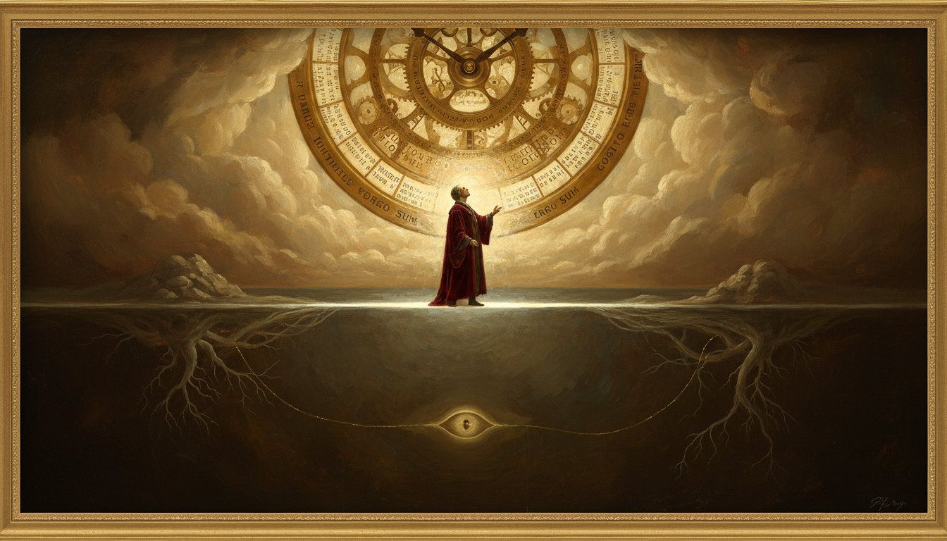 The author acting as the bridge between the visible and invisible domains of Universal Mind in oil painting in old master style