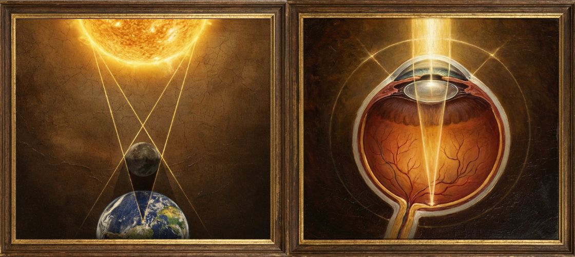 An allegorical diptych in a 17th-century Old Master oil painting style illustrating the geometric parallel between the macrocosm and microcosm. The left panel depicts a total solar eclipse with a large golden sun, a central moon, and the Earth, where glowing lines of light form a precise conical shadow tapering to a focal point on the Earth's surface. The right panel shows a cross-section of a human eye, where a matching beam of golden light is focused by the cornea and lens into a sharp focal point on the retina. The work features dramatic chiaroscuro, warm umber tones, and a rich, aged canvas texture, emphasizing the fractal nature of light and geometry in the universe and human biology.