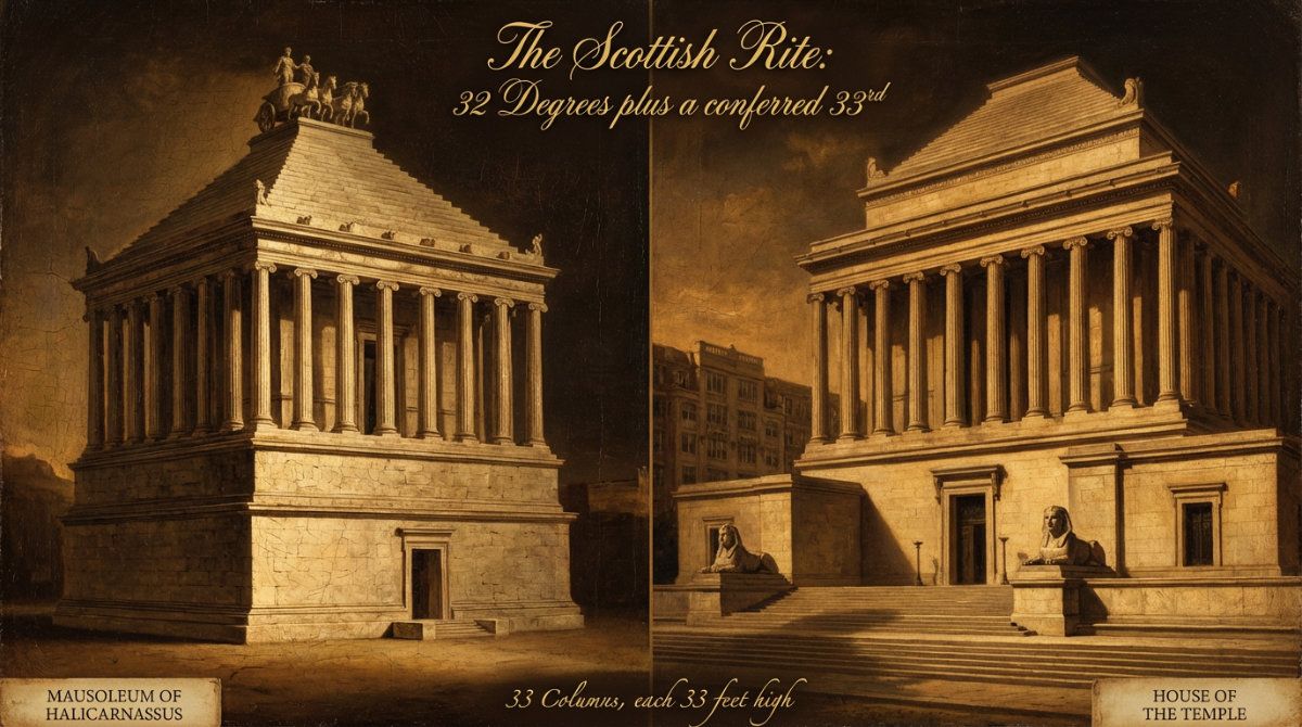 A 17th-century Old Master oil painting in a split-screen diptych format, rendered with dramatic chiaroscuro and warm umber tones on an aged, cracked canvas. The left side depicts the ancient Mausoleum of Halicarnassus, a weathered stone wonder with a tiered pyramid roof under a moody twilight sky, labeled "MAUSOLEUM OF HALICARNASSUS" at the bottom. The right side depicts the House of the Temple in Washington, D.C., accurately showing its neoclassical facade, 33 massive columns, and twin sphinx statues, labeled "HOUSE OF THE TEMPLE" at the bottom. Elegant gold calligraphy at the top center reads "The Scottish Rite: 32 Degrees plus a conferred 33rd," while a single line of text at the bottom center reads "33 Columns, each 33 feet high," emphasizing the architectural and symbolic continuity between the two structures.