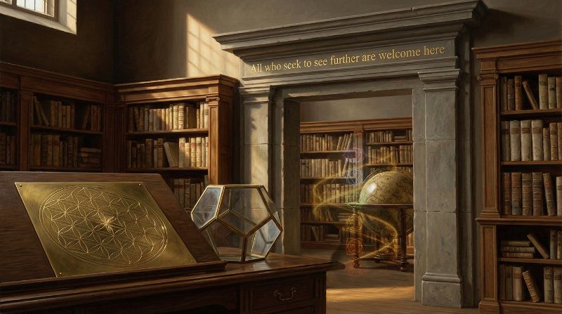 old-school library features the Flower of Life on the brass plate, the Dodecahedron (representing the Aether/Universe), and the Globe, all bathed in that warm, scholarly light.