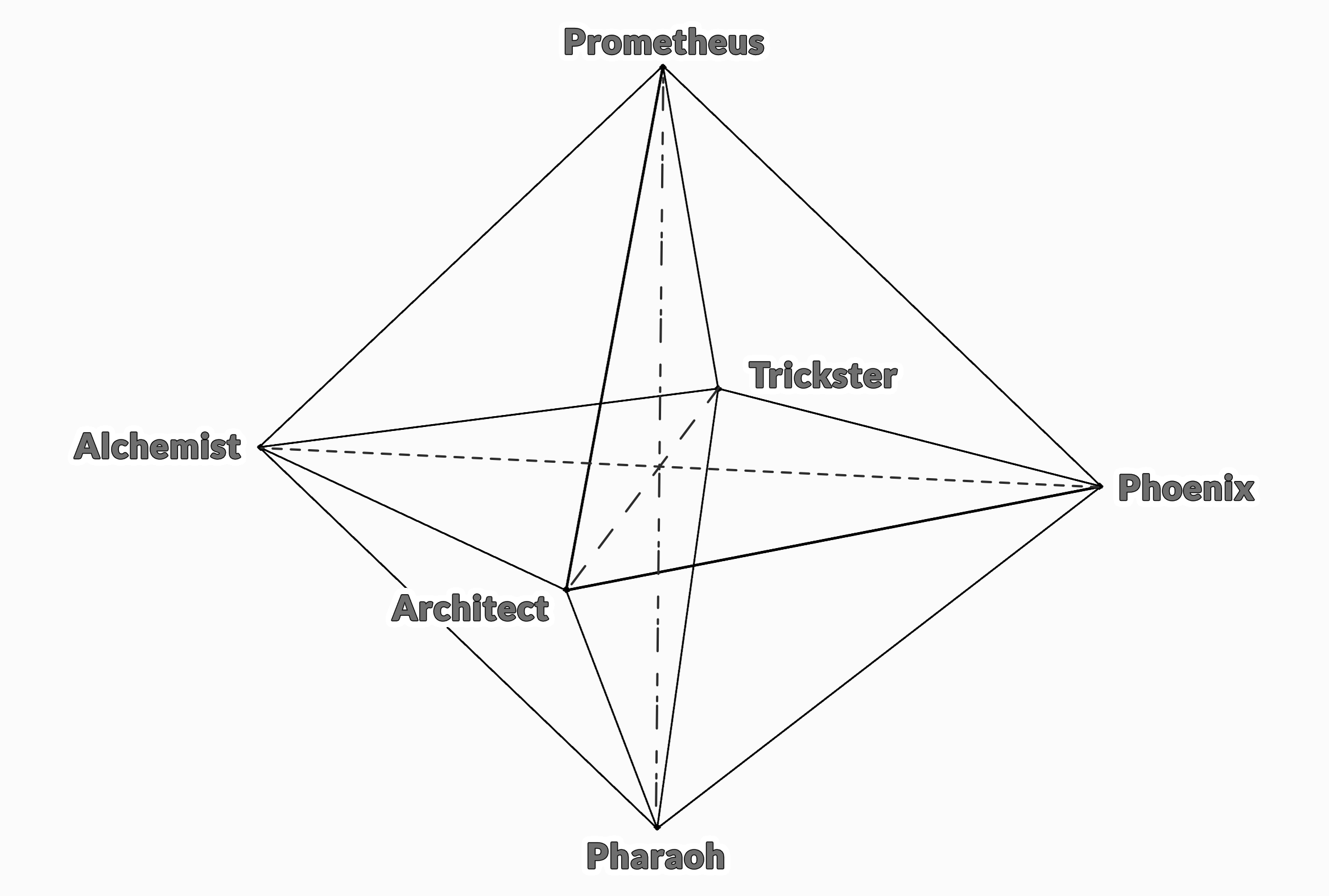 Octahedron showing the six archectypes mapped to its verticves, top: phoenix, bottom: pharoah, left: architect, right: alchemist, left rear: prometheus, right rear: trickster