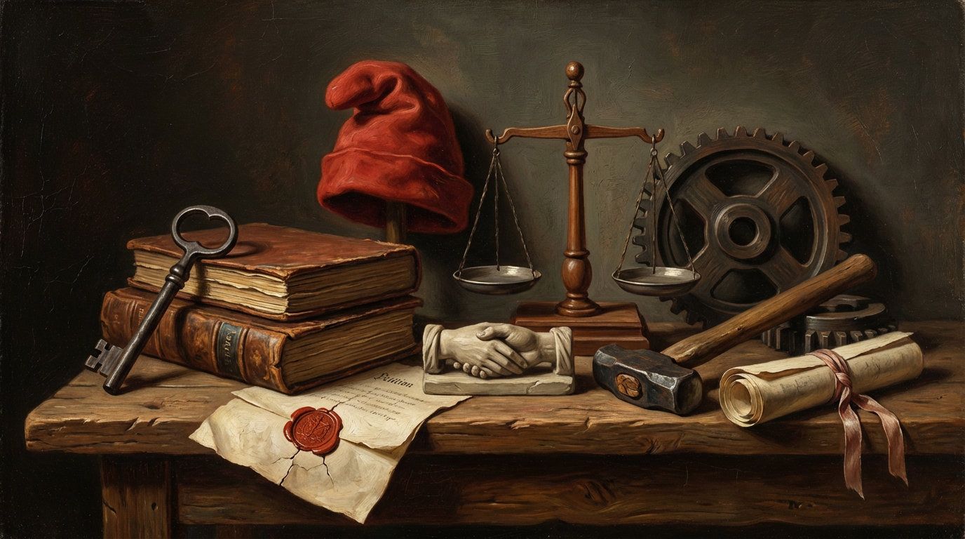 A 16:9 allegorical oil painting in a heavy chiaroscuro style, featuring nine symbols of modern social structures in three clusters. The first cluster, the "Iron Triangle," includes a forged iron key, a stack of leather-bound ledgers, and a parchment petition with a red wax seal. The second cluster, the French Revolutionary Trinity, features a red Phrygian cap, a balanced wooden scale, and a stone sculpture of two clasped hands. The third cluster, Industrial Relations, shows a large dark wooden gear, a heavy blacksmith’s hammer, and a rolled diplomatic treaty. The palette is dominated by deep reds, burnt umber, and charcoal, with a matte, non-metallic finish and subtle canvas craquelure.