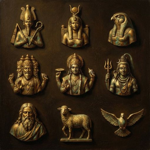 A 16:9 Old Master oil painting featuring nine symbolic icons of divinity arranged in three groups of three against a dark, atmospheric background. The icons are rendered as three-dimensional, burnished gold and bronze relief sculptures with a rich, aged patina. The first group shows the Egyptian Trinity: Osiris with a crook and flail, Isis with a throne headdress, and a falcon-headed Horus. The second group shows the Hindu Trimurti: a four-faced Brahma, Vishnu with a discus, and Shiva with a trident. The third group shows the Christian Trinity: an "Ancient of Days" figure, a symbolic Lamb, and a descending dove. Dramatic chiaroscuro lighting highlights the metallic textures against a deep umber void.