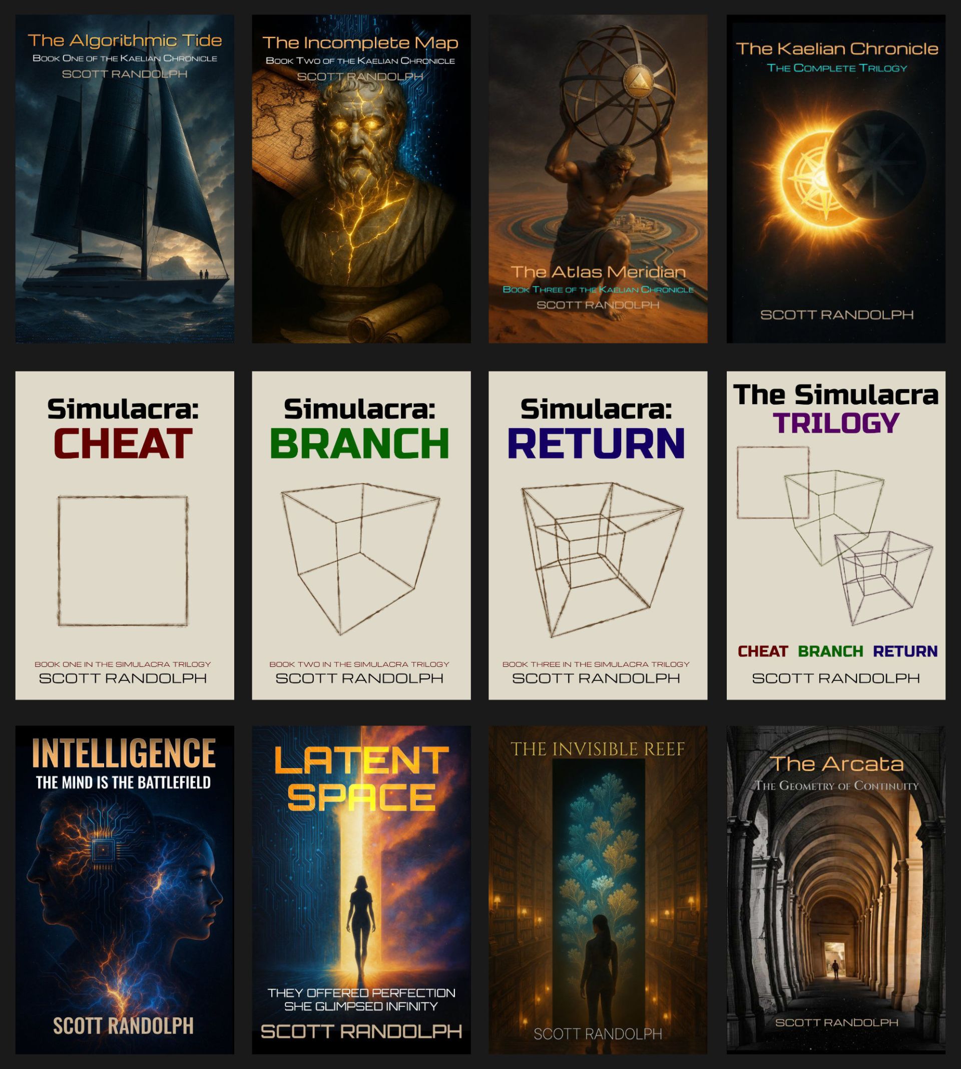 4 by 3 grid of Scott Randolph fiction book covers