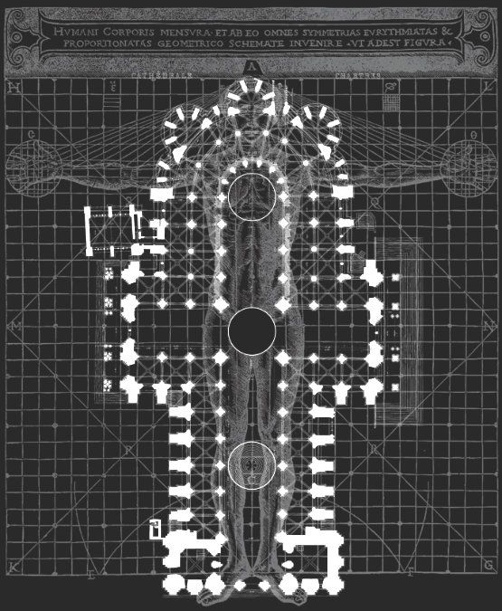 Chartres Cathedral's floor plan overlaid onto Cesare Cesariano's Vitruvian Man of 1521