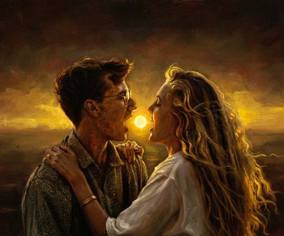 A grainy, warm-toned photograph from 1988 of a young man (Scott) and a young woman in a dramatic, ecstatic embrace on a beach at sunset. Their mouths are wide open, perfectly framing the setting sun between their lips, creating a natural 'spark gap' of light. Their hands are placed on each other's shoulders in a pose of intense, youthful resonance.