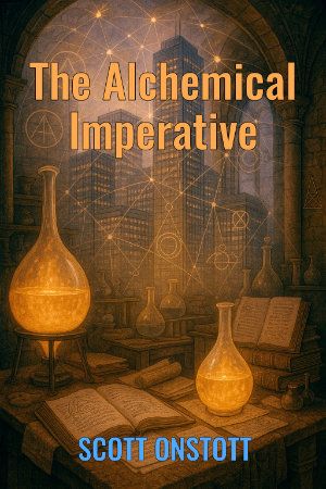 The Alchemical Imperative cover image shows alchemical instruments in the foreground against a modern city skyline traced over with sacred geometry