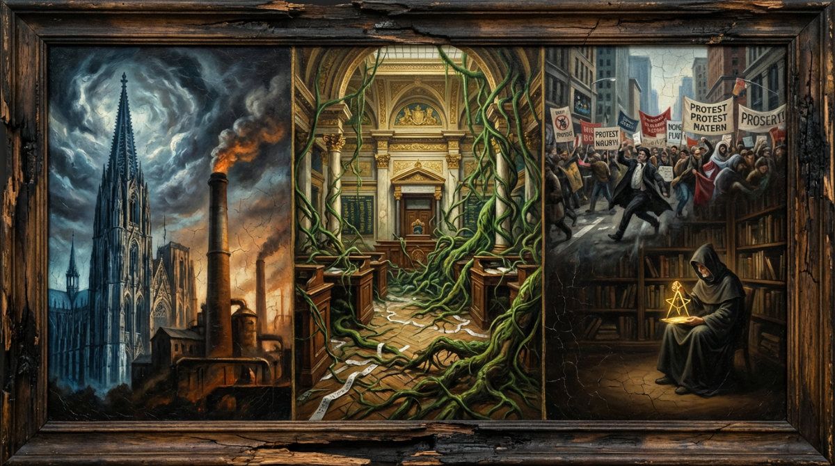A 16:9 Old Master oil painting in the style of Rembrandt, depicting nine symbolic objects of governance in three distinct clusters on a dark, moody background with no metallic effects. The first cluster represents Ancient Rome with a bundle of wooden fasces, a stone tablet engraved "SPQR," and a shadowy silhouette of a crowd. The second cluster represents the Three Estates with a fabric miter and shepherd's crook, a steel sword and plumed hat, and a weathered wooden plow. The third cluster represents the US Trias Politica with a heavy wooden gavel, a quill on a parchment scroll, and a wax-sealed document with a presidential eagle. The lighting is warm and directional, emphasizing textures of wood, stone, and paper.