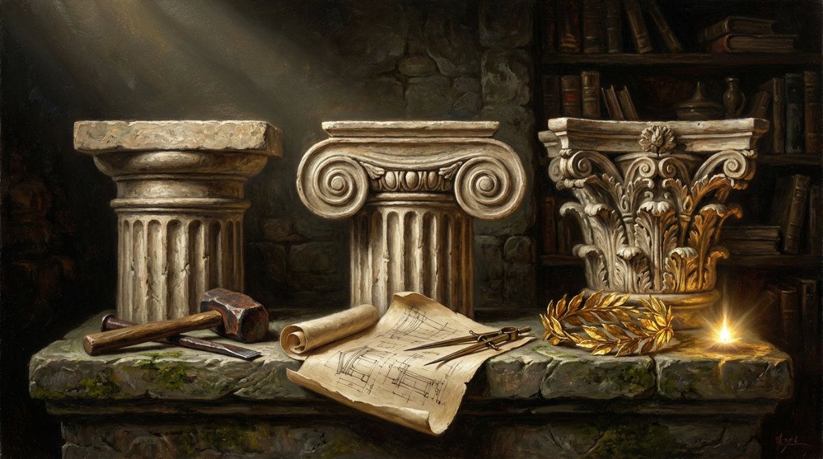 An old master style oil painting with dramatic chiaroscuro lighting featuring the three classical architectural orders. On the left, a sturdy Doric capital sits above a stone mallet and chisel, symbolizing the Apprentice's raw strength. In the center, a refined Ionic capital with scroll-like volutes sits above an unfurled parchment and compass, symbolizing the Journeyman's acquisition of knowledge. On the right, an ornate Corinthian capital with flowering acanthus leaves sits above a golden laurel crown and a glowing ethereal spark, symbolizing the Master's spiritual flowering and wisdom.
