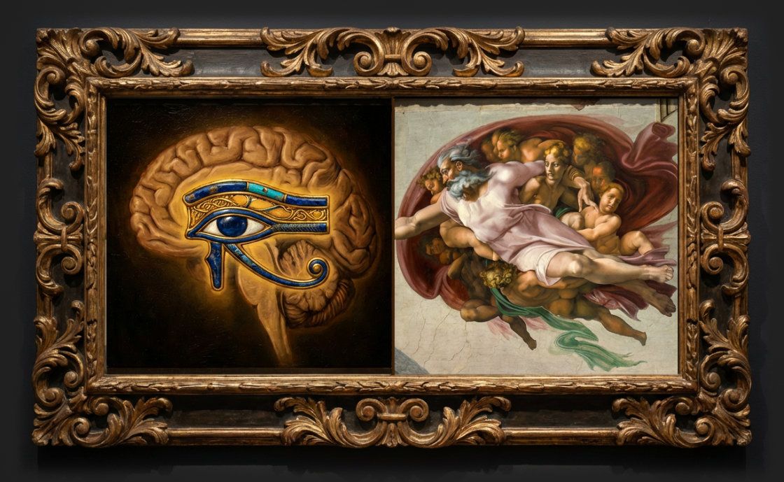 Correlation between God and his angels with neuroanatomy by physician Dr. Frank Lynn Meshberger (1990), Addition of the Eye of Horus is my own refinement (Nano Banana diptych)