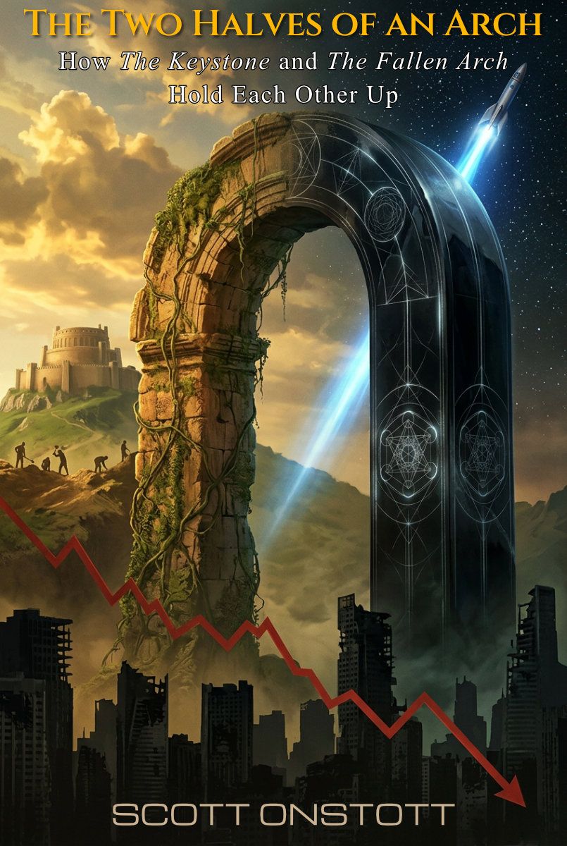 A vertical book cover illustration featuring a massive, horseshoe-shaped arch that stands as a bridge between two worlds. The left side of the arch is built from ancient, sun-drenched masonry overgrown with green vines, set against a backdrop of rolling hills, a classical domed fortress, and silhouettes of manual laborers in the distance. The right side of the arch seamlessly transitions into a sleek, obsidian-colored monolith etched with glowing white sacred geometry patterns including Metatron’s Cube. This side is set against a dark, starry night sky with a rocket ship ascending, trailing a brilliant blue streak of light behind it.  The bottom foreground of the image shows a silhouette of a ruined, modern cityscape under a heavy fog, across which a jagged red trend line—resembling a falling stock market graph—plummets toward the bottom right corner. The text at the top reads "THE TWO HALVES OF AN ARCH" in gold, followed by "How The Keystone and The Fallen Arch Hold Each Other Up" in white. The name "SCOTT ONSTOTT" is printed in a modern sans-serif font at the bottom.