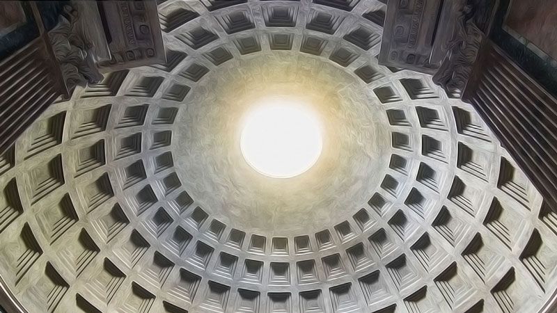 interior photo of the roman pantheon's oculus and inner dome, symmertic image framed by column capitals in wide angle shot