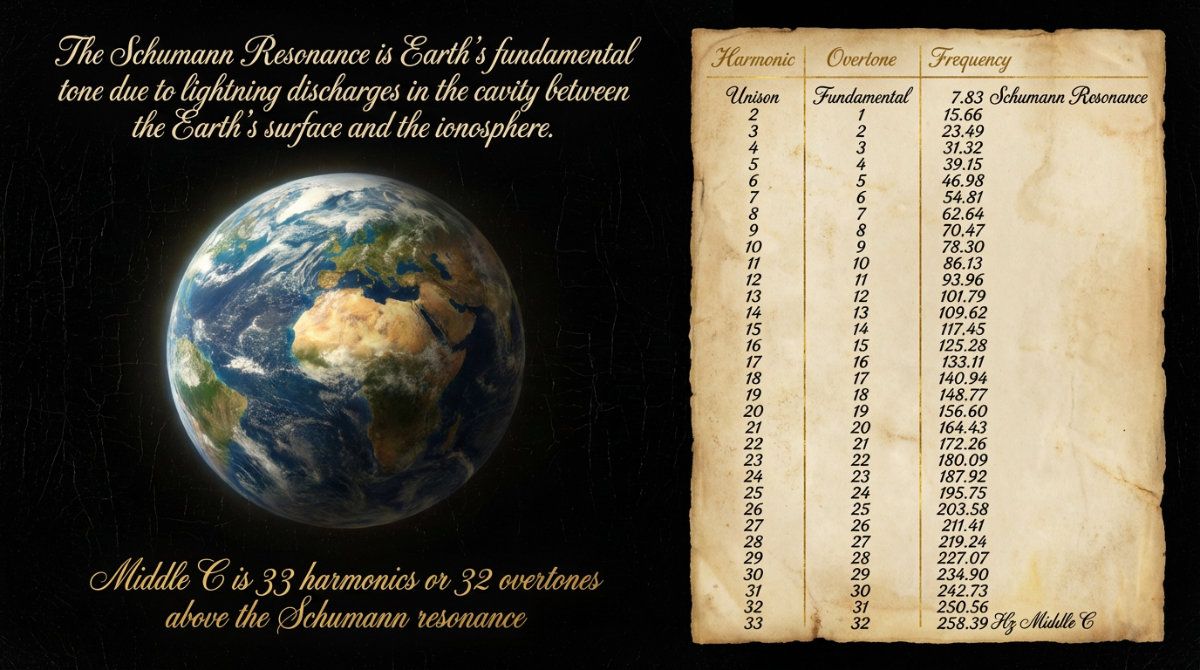 Render like a 17th-century Old Master oil painting on a deep black canvas with a rich, aged craquelure texture. The composition is split into two sections: on the left, a luminous, hand-painted Earth glows with dramatic chiaroscuro lighting, surrounded by elegant cream-colored script explaining the Schumann Resonance as Earth's fundamental tone. Below the Earth, ornate gold calligraphy states that Middle C is 33 harmonics above this resonance. The right side features a highly detailed, legible table on aged parchment with gold headers for "Harmonic," "Overtone," and "Frequency." The table meticulously lists the mathematical progression from the 7.83 Hz fundamental through 33 rows, culminating in "258.39 Hz Middle C," presented as a museum-quality scientific and spiritual manuscript.