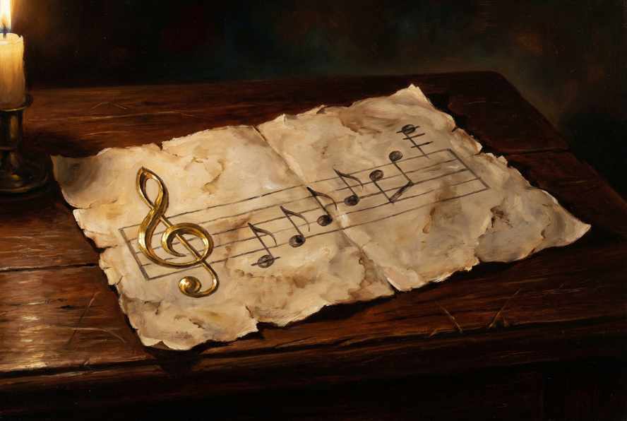 An oil painting in the style of an Old Master, featuring a piece of aged, tattered parchment resting on a dark wooden table. On the parchment, a musical staff is drawn with dark ink. The staff features seven distinct musical notes ascending from left to right. The first five notes are within the five lines of the staff, and the final two notes are positioned clearly above the top line of the staff. A beautifully ornate golden treble clef is at the beginning of the staff. The lighting is dramatic chiaroscuro, with a warm candle-lit glow illuminating the texture of the paper and the precise musical notation. The background is dark and atmospheric.