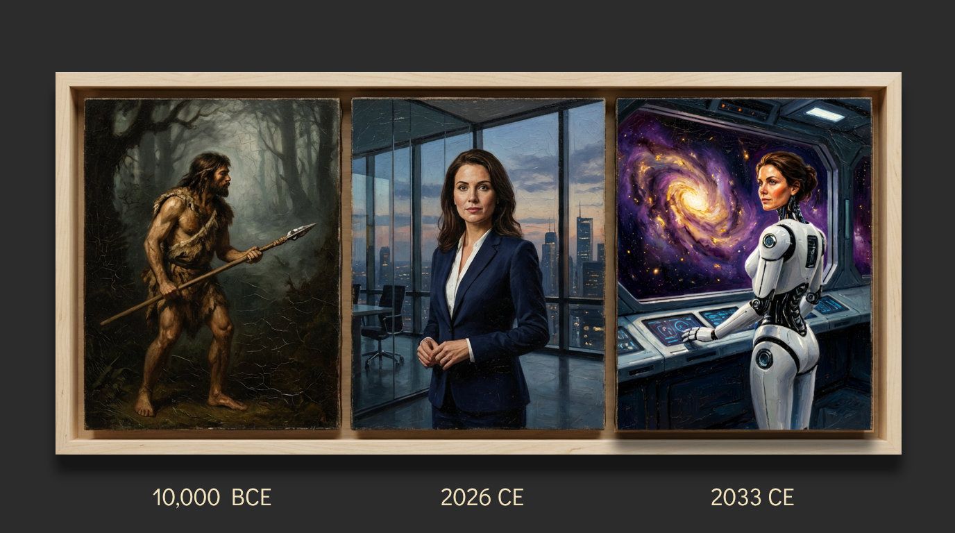 An old master style triptych oil painting housed in a minimalist, light-colored birch wood frame. The left panel depicts a Neolithic hunter in furs with a spear in a misty forest (Inferno). The center panel depicts a modern woman in a sharp business suit in a glass-walled executive office (Purgatorio). The right panel depicts a sleek humanoid robot on a high-tech spaceship bridge looking out at a vibrant nebula (Paradiso). The dark, textured, classical chiaroscuro of the paintings creates a striking juxtaposition against the simple, modern frame.