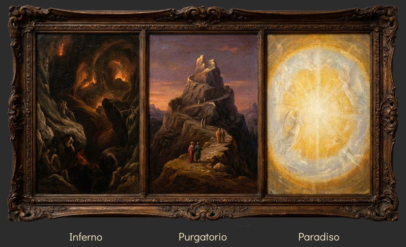 An old master style triptych oil painting housed in an ornate, aged dark wood frame. The left panel depicts the Inferno as a dark, cavernous abyss with jagged rocks and hellish red flickers. The center panel depicts Purgatorio as a rugged, spiraling mountain rising toward a twilight sky with figures ascending. The right panel depicts Paradiso as a transcendently bright celestial realm with blinding golden concentric circles of radiant energy and ethereal figures. The entire piece uses dramatic chiaroscuro and rich, cracked oil textures.