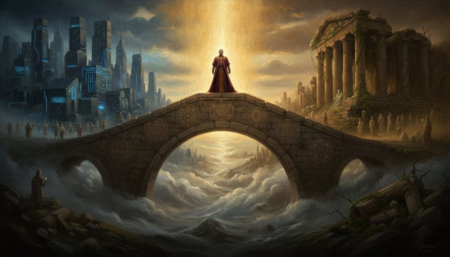 Man standing atop a bridge with sacred geometry symbols on it between the shores of a technocity on the left and a ruined city from antiquity on the right