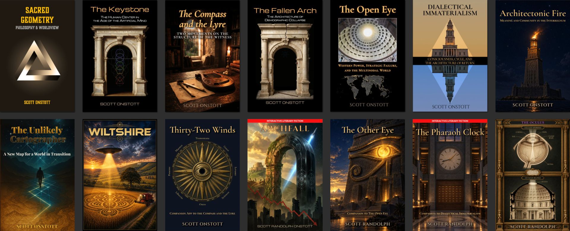 Covers of the fourteen works of The Arch. Top row: the seven books. Bottom row: their companions (The Unlikely Cartographer, Wiltshire, Thirty-Two Winds, Archfall, The Pharaoh Clock, The Other Eye and The Oculus).
