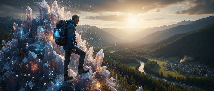mountaineer standing atop a crystal peak of math looking down into a pstoral valley below