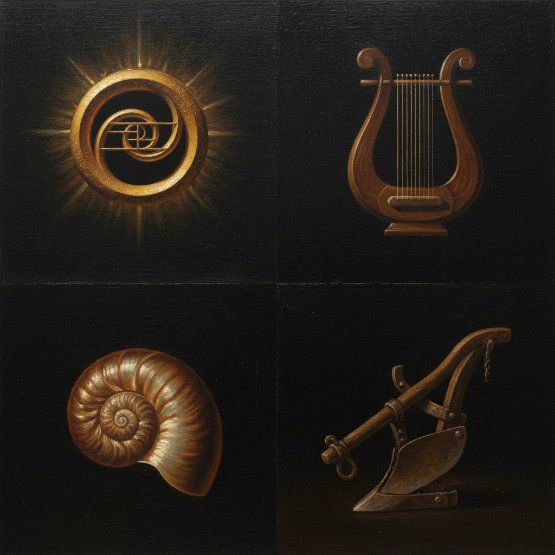 4 icons painted in the old master style oil on canvas of a golden spiral medallion, an ancient lyre, a nautilus seashell, and a plow