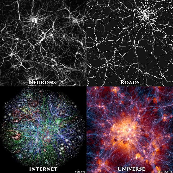 A four-quadrant infographic titled "Networks" demonstrating the structural similarity of complex systems across different scales. The top-left panel shows a microscopic web of white, glowing biological neurons. The top-right panel displays a white-on-black map of road networks centered on Paris. The bottom-left panel shows a colorful, dense spherical visualization of the global internet's infrastructure. The bottom-right panel depicts the cosmic web of the universe, showing large-scale filaments of dark matter and galaxies in glowing orange and blue. The image highlights the recurring patterns of connectivity found in nature, technology, and the cosmos.