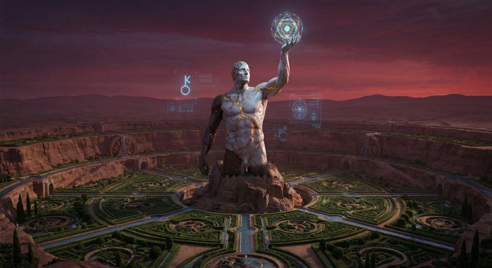 A hyper-realistic, cinematic surrealist landscape representing a spirit of resilient mastery. In the center stands a magnificent, solitary structure: a monolithic statue made of white marble and iron that is distinctly asymmetrical, possessing a singular, powerful arm that supports a complex, glowing geometric sphere. The statue is mended with veins of glowing gold (Kintsugi style), symbolizing the beauty of the wound (Chiron). The ground below is a masterpiece of Virgoan precision: a vast, terraced canyon where nature has been organized into perfect, fractal patterns of lush greenery and clockwork irrigation channels. The sky is a deep, intense Aries red and violet dawn, signaling a new beginning. Floating subtly in the air are holographic schematics and the astrological glyph for Chiron. The atmosphere is one of solitude, immense capability, and strategic perfection.