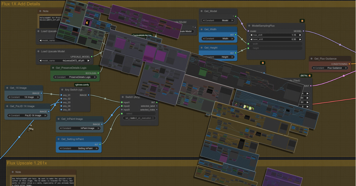 ComfyUI complex workflow detail screen capture with overall workflow floating on top at an angle and drop shadow