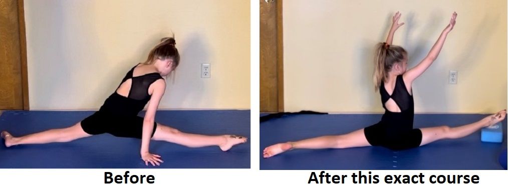 Before young girl not able to do splits 6 inches away. After she's past the splits over-split with yoga block under her front foot