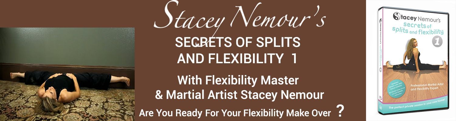 Secrets of Splits & Flexibility 1 cover  Stacey lying down legs on wall in middle splits & straddled chest against wall in middle splits