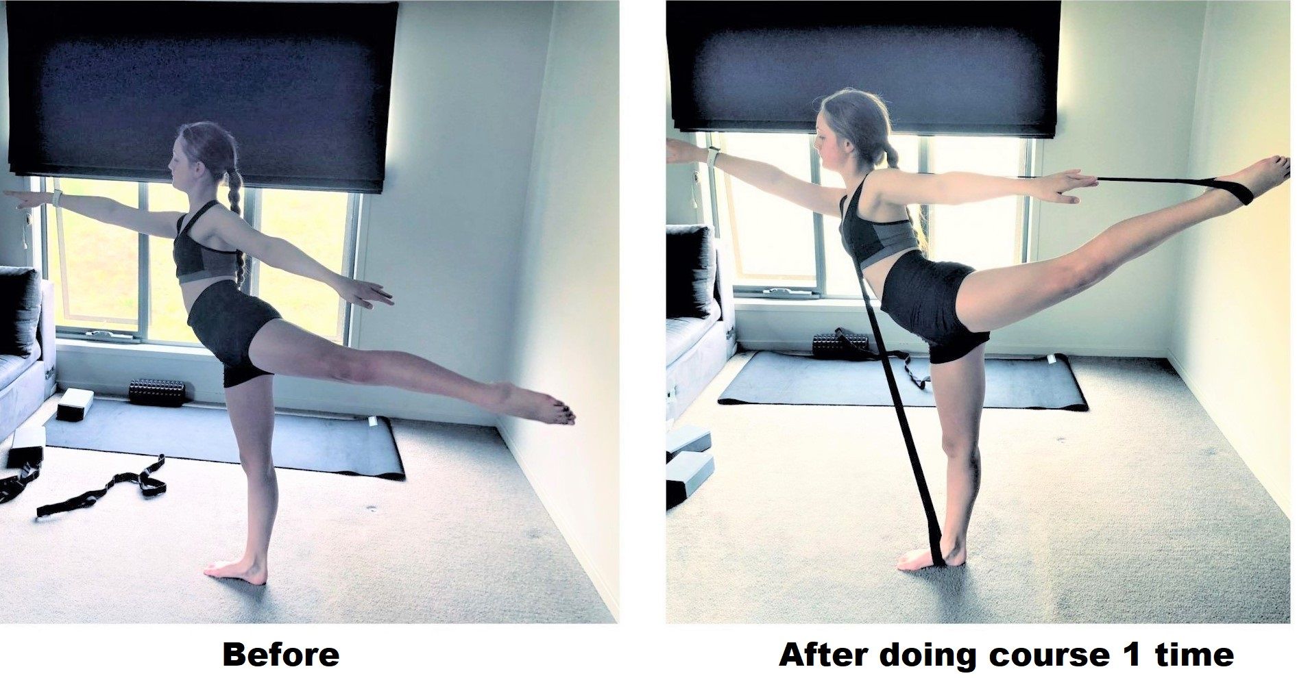 Before & after to support dancer's testimonail arabesque much higher in after photo using Stacey Stretch Strap a